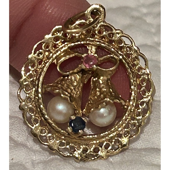 14K Yellow Gold Bow & Bell Charm Necklace Pendant 2.6